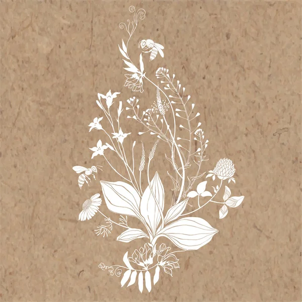 Un bouquet di fiori selvatici ed erbe aromatiche con api. Sfondo estivo su carta kraft. Illustrazione vettoriale. Elemento isolato per il design. Silhouette . — Vettoriale Stock