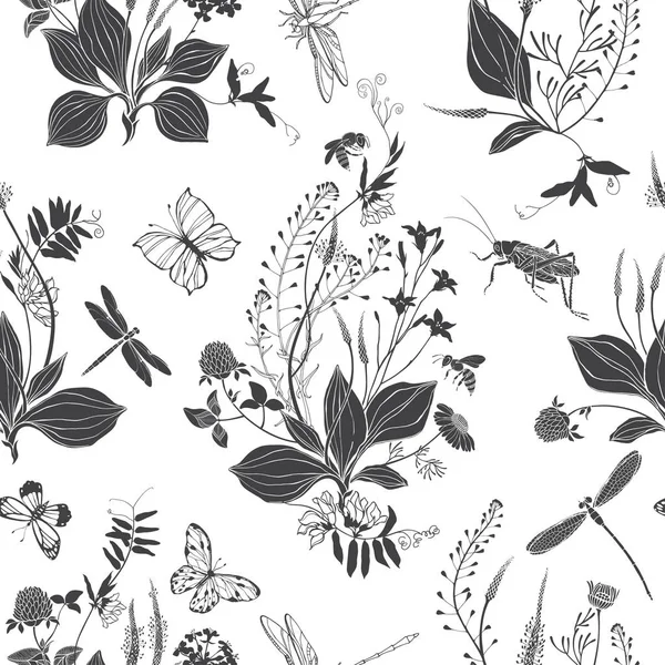 Patrón vectorial sin costuras con flores silvestres e insectos sobre un fondo blanco . — Archivo Imágenes Vectoriales