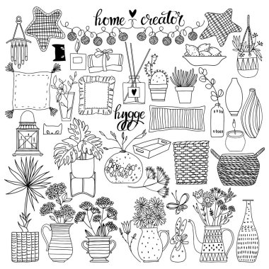 Ev yaratıcısı. Hygge, ne oldu? Vektör seti. Beyaz üzerinde tasarım için yalıtılmış elemanlar.