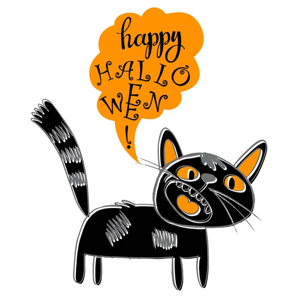 Vrolijke Halloween! Zwarte kat. Vector cartoon illustratie op een witte achtergrond. Geïsoleerd element, is perfect voor uitnodigingen, wenskaarten voor Halloween. — Stockvector