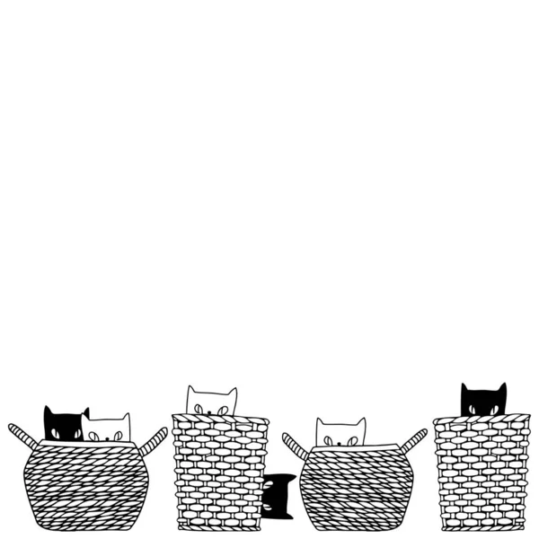 Οι γάτες στα καλάθια. Απεικόνιση διανυσματικών κινουμένων σχεδίων σε λευκό φόντο με θέση για κείμενο. Ιδανικό για ευχετήριες κάρτες, προσκλήσεις και ως στοιχείο σχεδίασης. — Διανυσματικό Αρχείο