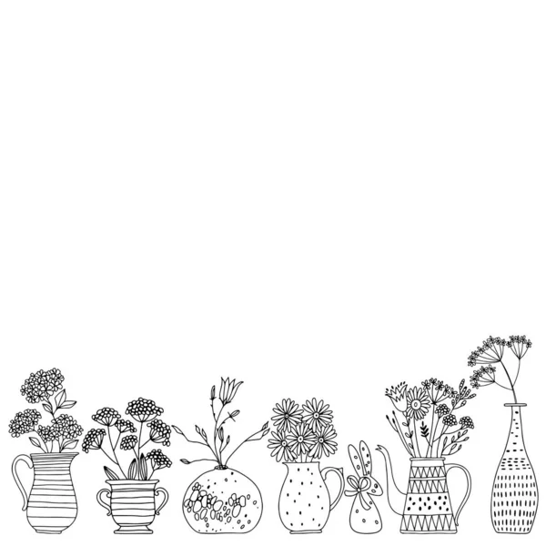 Vasos com flores. Tira decorativa. Ilustração vetorial sobre branco. Linha de arte . —  Vetores de Stock