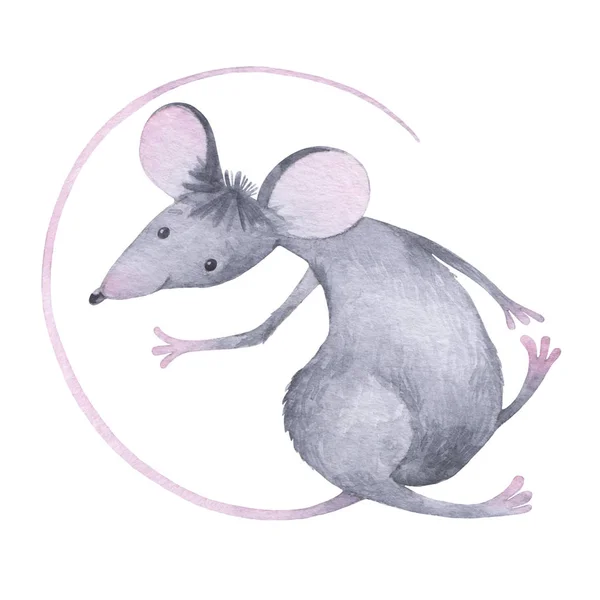 Cute rat. A cartoon character. Watercolor illustration on white background. Animal symbol of new year 2020. Element for design. — Stock Photo, Image