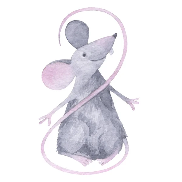 Cute rat. A cartoon character. Watercolor illustration on white background. Animal symbol of new year 2020. Element for design. — Stock Photo, Image
