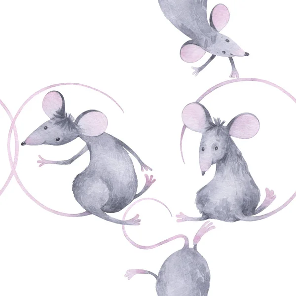 Seamless watercolor pattern with cute little rats. New Year's background. A cartoon characters. Animal symbol of new year 2020. — Stock Photo, Image
