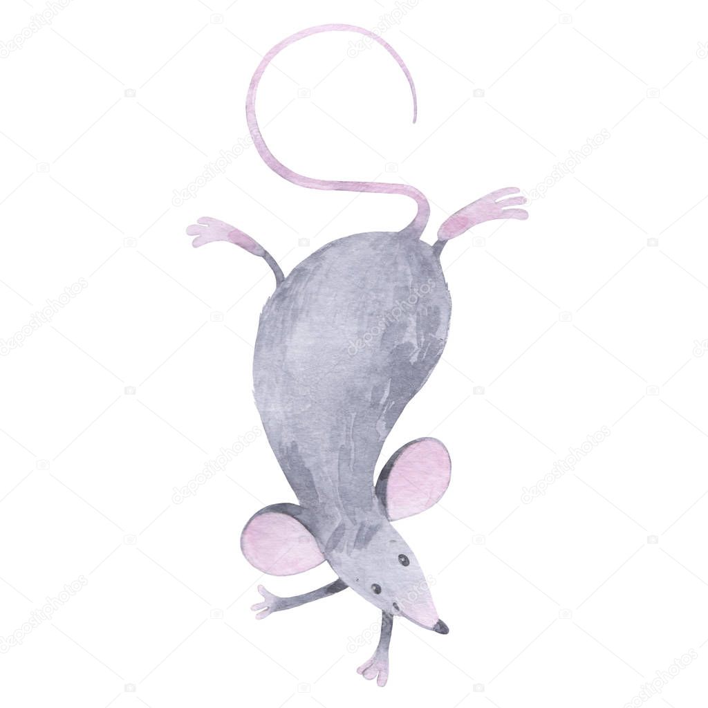 Cute rat. A cartoon character. Watercolor illustration on white background. Animal symbol of new year 2020. Element for design.