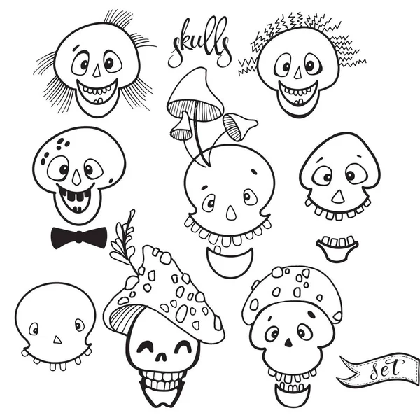 Schedels. Vector collectie van illustraties op wit. Cartoon geïsoleerde personages. Elementen voor Halloween ontwerp. — Stockvector