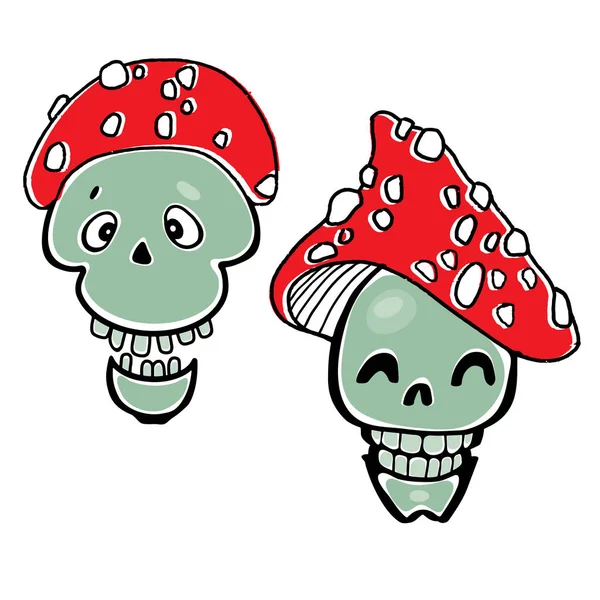 Lächelnde Totenköpfe mit Fliegenpilzhut. Vektorabbildung auf weiß. zwei Zeichentrickfiguren isoliert. Elemente für das Halloween-Design. — Stockvektor
