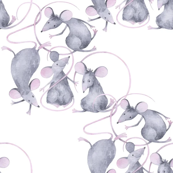 Seamless watercolor pattern with cute little rats. New Year's ba — Stock Photo, Image