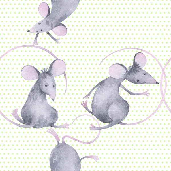 Modèle sans couture avec des rats aquarelle sur fond à pois. Un personnage de dessin animé. Symbole animal du nouvel an 2020 . — Photo