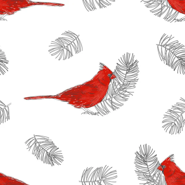 Sömlös mönster med kardinal fågel och tall grenar på en vit bakgrund. Vektor. Perfekt för gratulationskort, inbjudningar och tapeter, omslag, textil. — Stock vektor