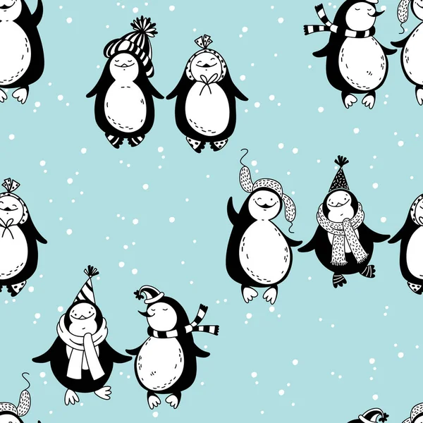 Sömlöst mönster med tecknade pingviner under snön. Vinter barn bakgrund. Vektor. — Stock vektor