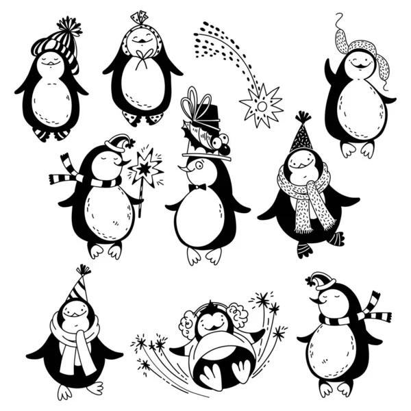 Çizgi film penguenleri. Beyaz arka planda vektör çizimi. İzole elemanları, davetiyeler, Noel ve Yeni Yıl için tebrik kartları için idealdir. — Stok Vektör