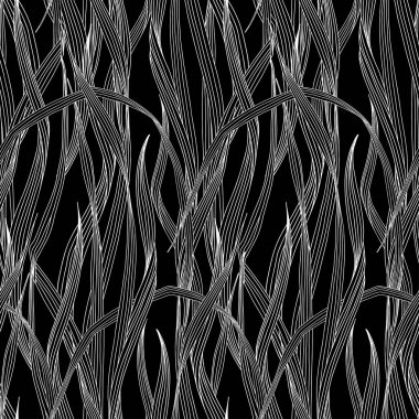 Yabani çayır çimenleriyle kusursuz desen. Siyah arkaplanda tek renkli vektör çizimi.