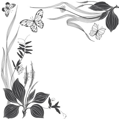 Çayır bitkileriyle, kelebeklerle ve beyazla ilgili metinler için ayrılmış çiçek vektör geçmişi. Davetiye, tebrik kartı veya tasarımınız için bir öge.