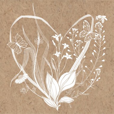 Çiçek vektör arka planında, kırlangıç otları kalp şeklinde ve kraft kağıdında yazılı metinler için kullanılıyor. Davetiye, tebrik kartı veya tasarımınız için bir öge.