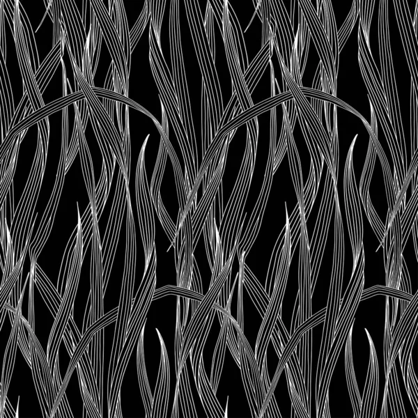 Patrón sin costuras con hierba pradera salvaje. Ilustración vectorial monocromática sobre fondo negro . — Archivo Imágenes Vectoriales