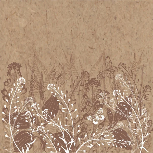 Fond vectoriel floral avec des herbes sauvages de prairie et place pour le texte sur papier kraft. Invitation, carte de vœux ou un élément pour votre design . — Image vectorielle