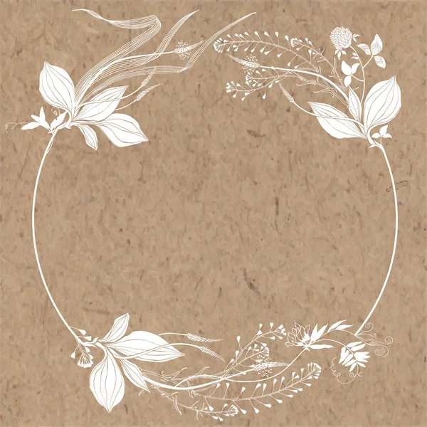 Moldura redonda floral com flores silvestres, ervas e espaço para texto. Ilustração vetorial em papel kraft. Convite, cartão de felicitações ou um elemento para o seu design. Silhueta . — Vetor de Stock