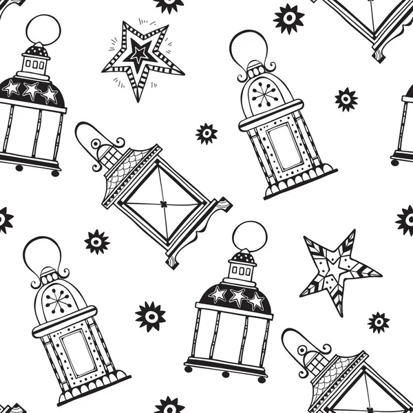 Endless Background Lanterns Stars Monochrome Vector Illustration — Stock Vector