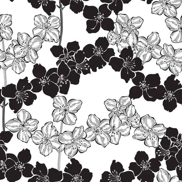 Flowering Jasmine Branches Vector Nature Background Black White — Stock Vector