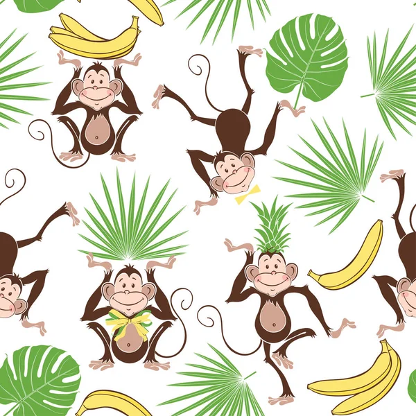 Fundo Sem Costura Com Macacos Desenhos Animados Elementos Tropicais Contexto — Vetor de Stock