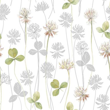 Yonca arka planı. Çiçek arka planı. Siluetler, Çizgi Sanatı ve Suluboya.