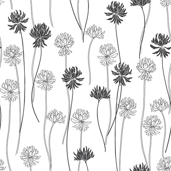 Kleeblatt Floraler Hintergrund Vektorillustration Monochrom Silhouetten Und Umrisse Auf Weiß — Stockvektor