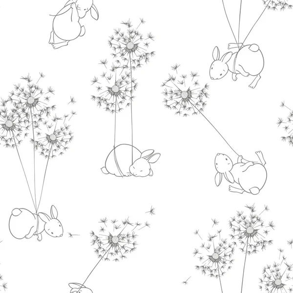 Cute Bunnies Fly Dandelions Isolated White Outline Illustration Cartoon Monochrome — Stock Vector