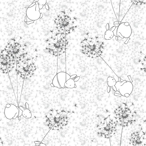 Милые Кролики Летают Одуванчиках Изолированных Белом Контурная Иллюстрация Мультфильм Монохромный — стоковый вектор
