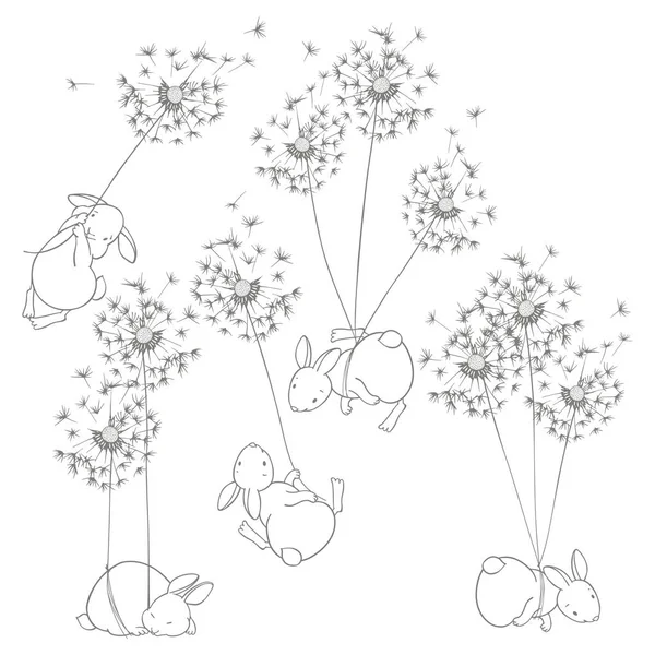 Adorable Rabbits Flying Dandelions Individual Cartoon Characters White Isolated Vector — Stock Vector