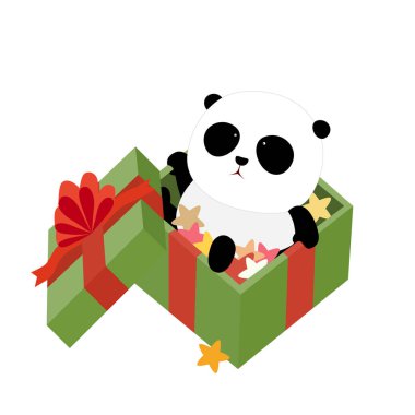 Sevimli çizgi dev panda kırmızı eşarp ve kırmızı Noel şapka ile bir Noel hediyesi açılış yere oturuyor / Hediyelik kırmızı mevcut kutusu ve yeşil şeritleri ile sarılmış.