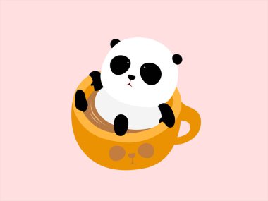 Vektör çizim: Bir sevimli çizgi dev bir fincan kahve, termal bahar banyo zevk içinde yatan panda / sıcak bahar.