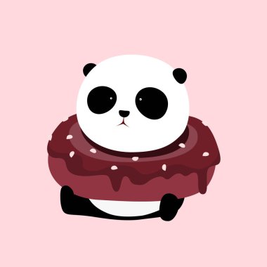 Sevimli çizgi dev panda büyük bir halka ile yere oturuyor / çörek ve boynunda.