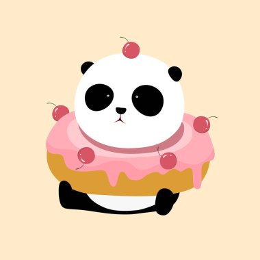 Sevimli çizgi dev panda büyük bir halka ile yere oturuyor / çörek ve boynunda.