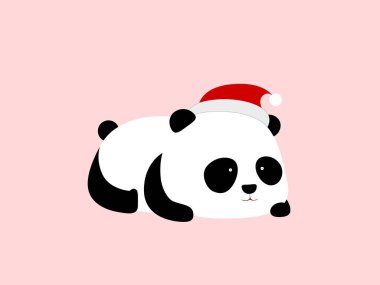 Vektör çizim - sevimli çizgi dev panda onun karnına yatıyor, bir Noel şapka / Noel Baba kep kafasının üzerine.