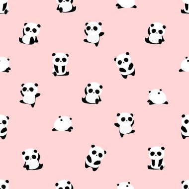 Dikişsiz vektör desen: açık pembe renkli desen ayı panda. Farklı hareketlerle küçük pandalar.