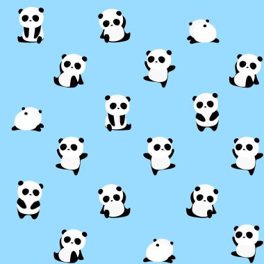Dikişsiz vektör desen: ayı panda desen mavi zemin üzerine. Farklı hareketlerle küçük pandalar.