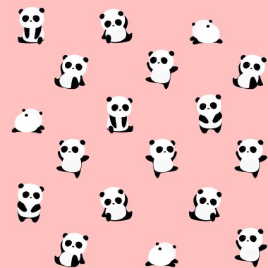 Dikişsiz vektör desen: pembe bir arka plan üzerinde ayı panda desen. Farklı hareketlerle küçük pandalar.