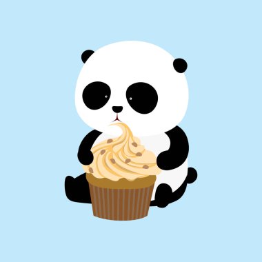 Vektör çizim: zemin üzerinde tutarak ve büyük mango yiyen dev panda oturan bir sevimli çizgi lezzet kek krem ve çikolata cips ile.