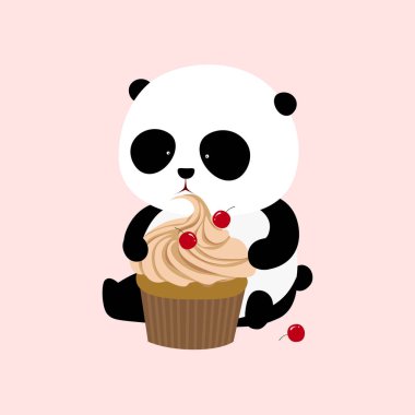 Vektör çizim: zemin üzerinde tutarak ve büyük mango yiyen dev panda oturan bir sevimli çizgi lezzet kek krem ve çikolata cips ile.
