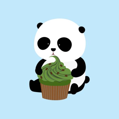 Vektör çizim: zemin üzerinde tutarak ve büyük mango yiyen dev panda oturan bir sevimli çizgi lezzet kek krem ve çikolata cips ile.