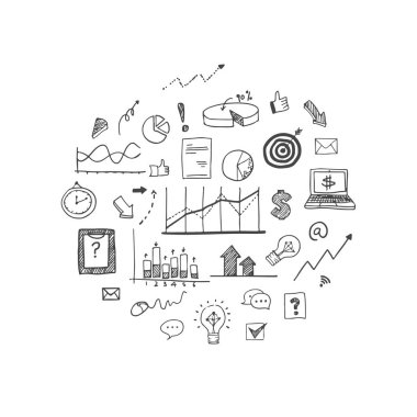 Vektör çizim: El banka iş finans analizi para istatistikleri kazanç hakkındaki kavramları unsurları doodle çizmek