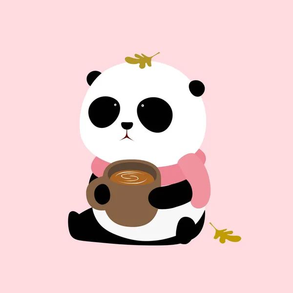 Cute Cartoon Giant Panda Scarf Sitting Ground Cup Coffee Hands — Stock Vector