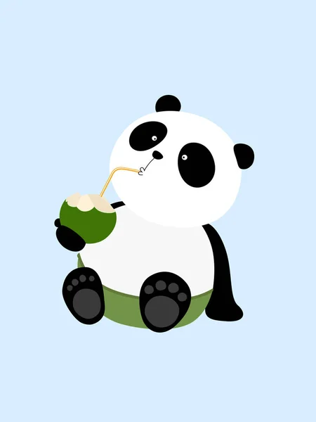 Vector Illustration Cute Cartoon Giant Panda Drinking Coconut Milk Summer — Stock Vector