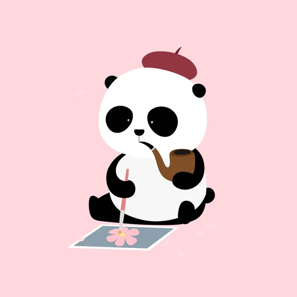 Vector Illustration Cherry Blossom Festival Cute Cartoon Giant Panda Artist — Stock Vector
