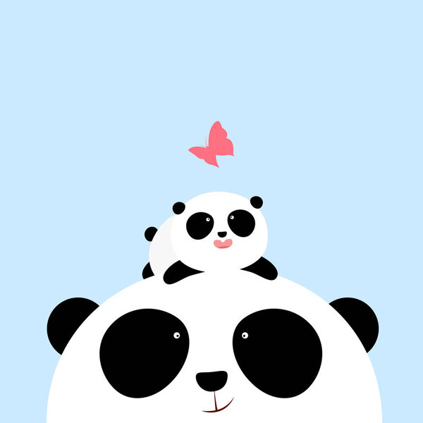 Vector Illustration: A cute cartoon little panda is lying on the head of his father / mother, looking at a butterfly. Happy Father`s Day. Happy Mother`s Day.