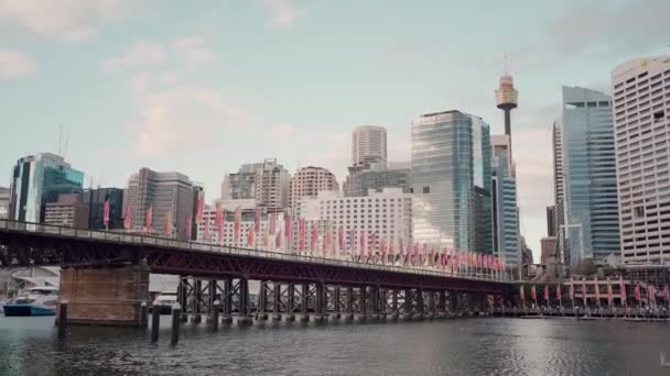 Darling Harbour Stadsbild Med Blå Himmel Sydney Australien 2020 — Stockvideo