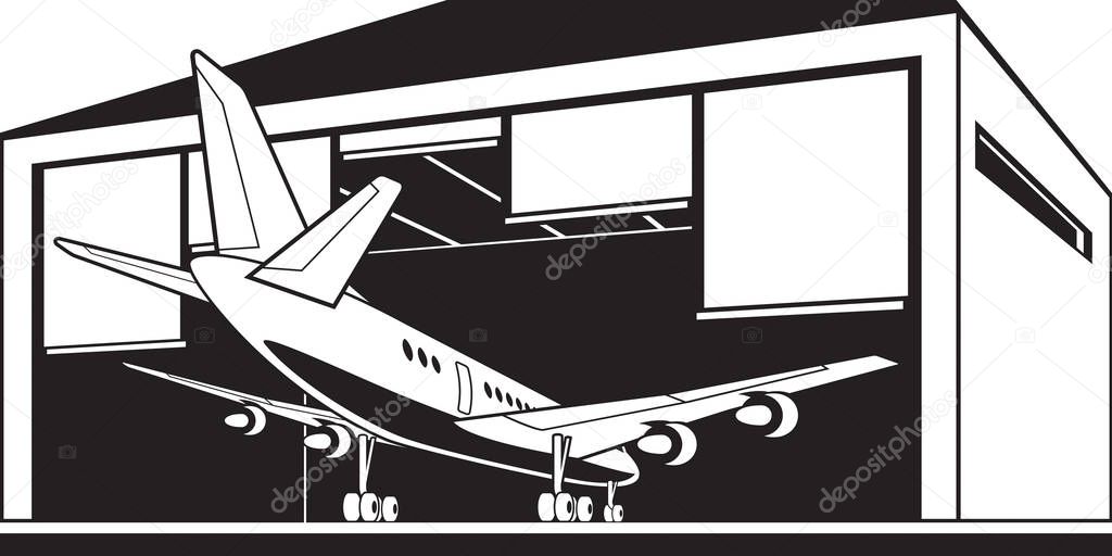 Aircraft enter hangar at airport - vector illustration