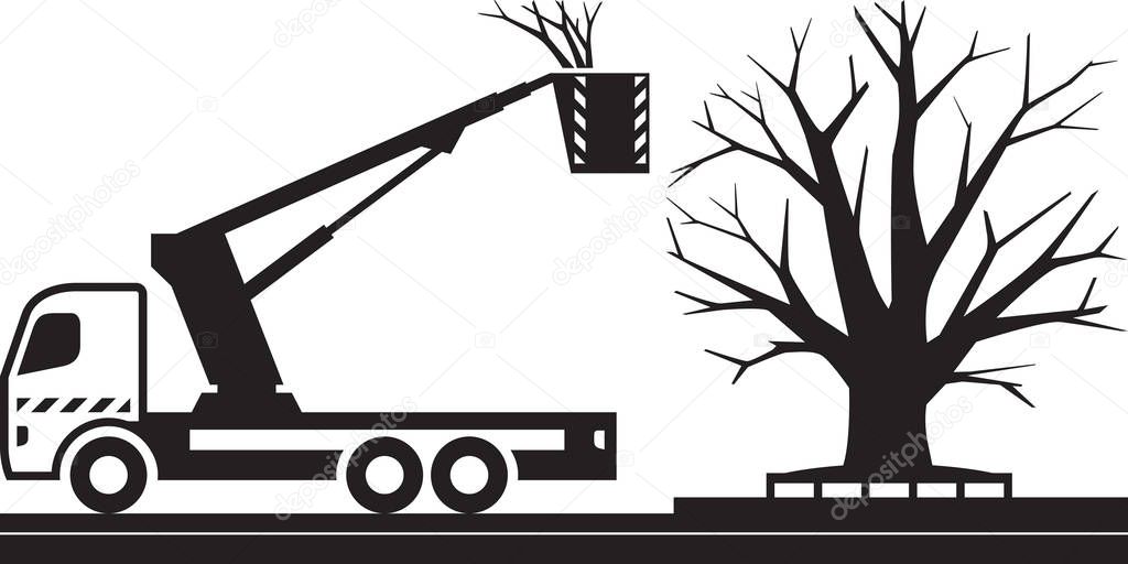 Mobile platform truck for cutting trees - vector illustration